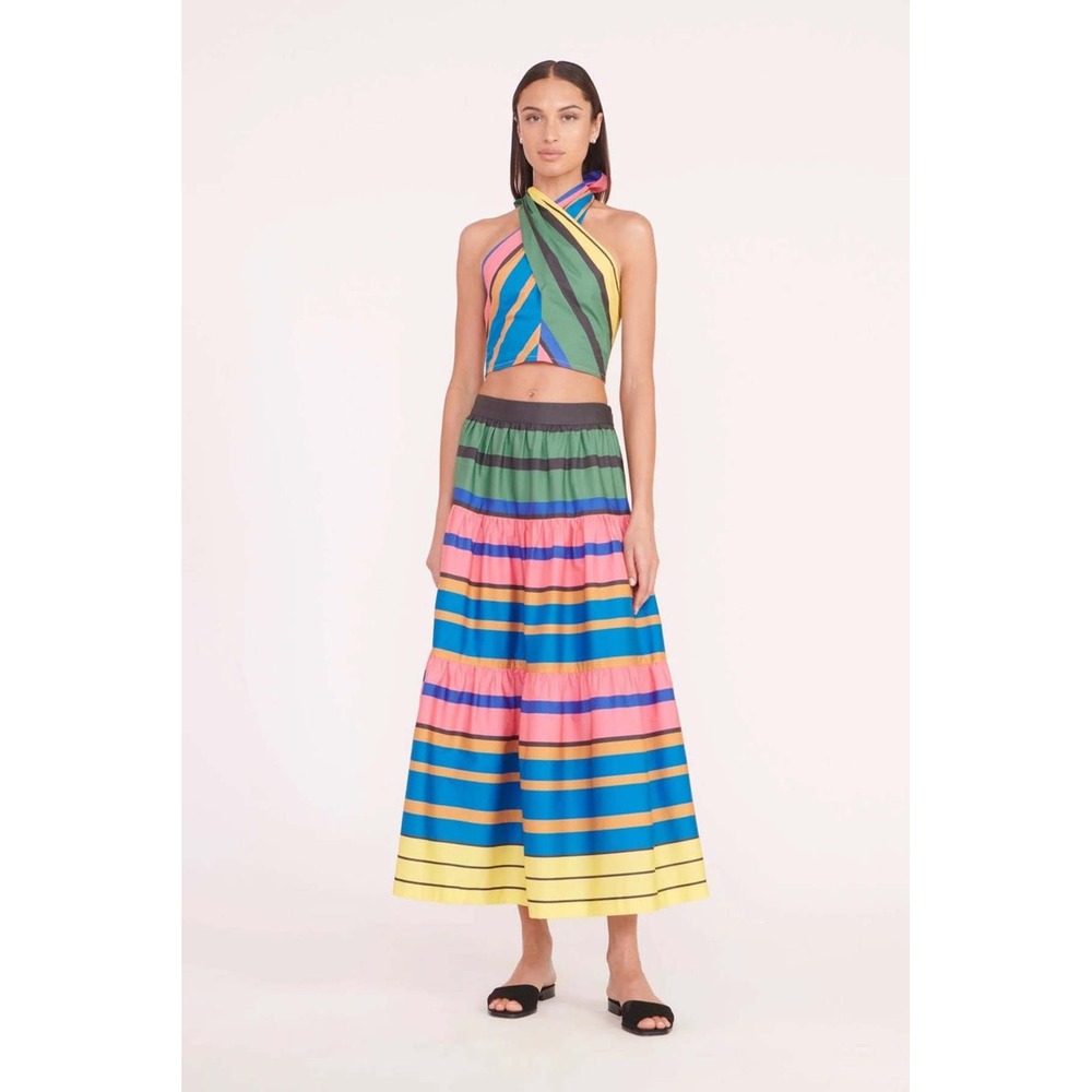 Staud Cotton Blend Sea Tiered Striped Stretch Midi Skirts Multicolor Size 12